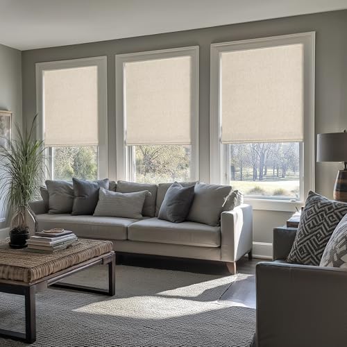 No Drill Cordless Roman Shades, 34" W x 64" H, Beige - Light Blocking & Heat Insulating