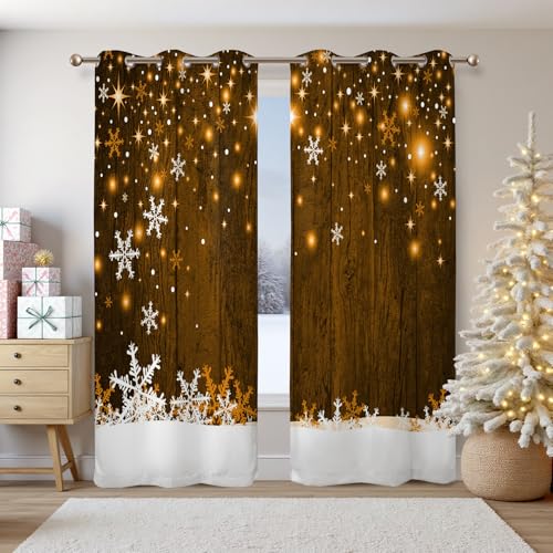 Brown Wood Grain Snowflake Christmas Window Curtains 2 Panels 42W x 84L