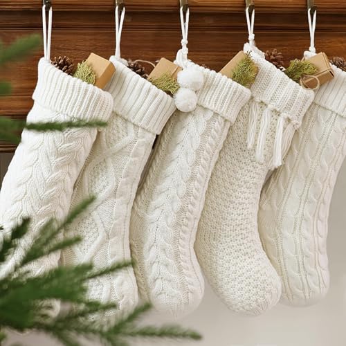 5-Pack 18-Inch Cable Knit Christmas Stockings - Rustic Farmhouse Decor