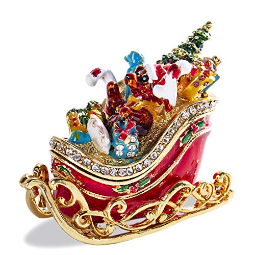 YU FENG Christmas Sleigh Trinket Box with Hinged Enamel & Crystals, 3.5 inch Holiday Decor