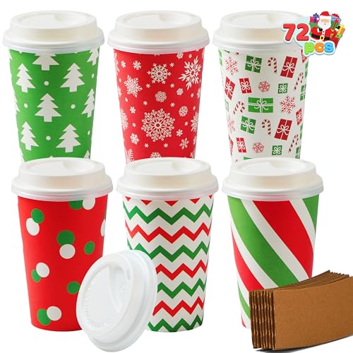 JOYIN Classic 72-Pack Christmas Disposable Paper Cups 16 oz with Lids & Sleeves