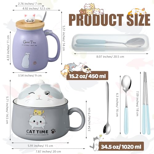 FoldTier Set of 2 Ceramic Cat Mug and Ramen Bowl with Lids - Purple & Gray