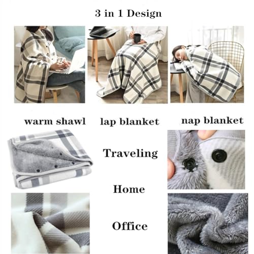 Wearable Fleece Blanket Shawl with Buttons - Warm Wrap Poncho for Travel