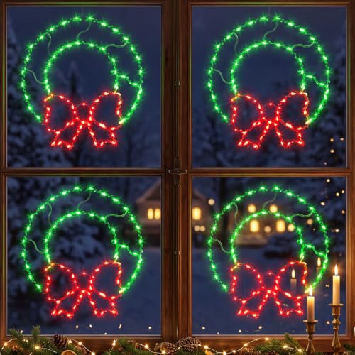 Glooglitter 4 Pcs Christmas Window Silhouette Lights with Bottom Bow, 13.5in, 80 LEDs, USB Powered, 8 Modes & Remote Control