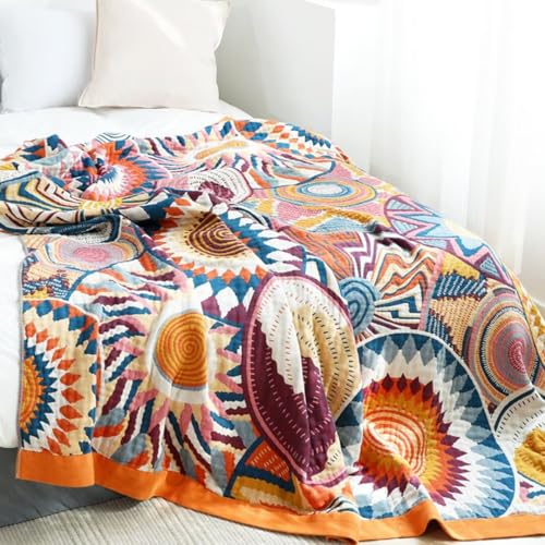 Boho Cotton Throw Blanket 50x60, Ultra Soft Woven Muslin Vintage Quilt
