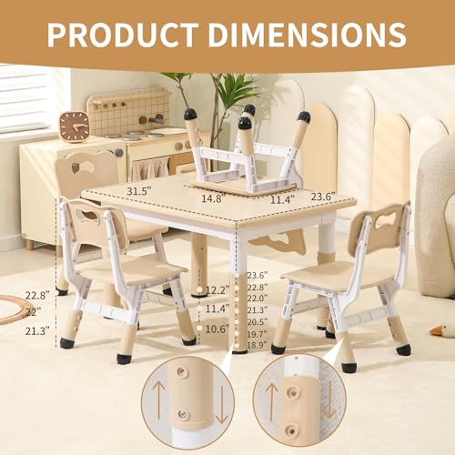 Hulaibit Toddler Table & Chairs Set with Graffiti Desktop - Height-Adjustable Kids Study Furniture, Burlywood Wood Grain