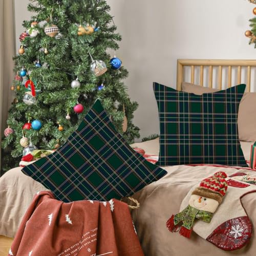 RABUSOFA Christmas Plaid Pillow Covers 18x18, 2 Pack – Green 18" x 18"