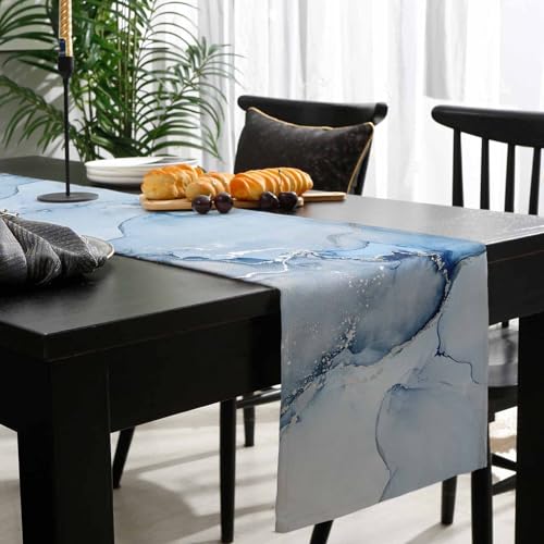 Marble Table Runner 72 Inch Blue & Grey Farmhouse Decor Burlap Cotton