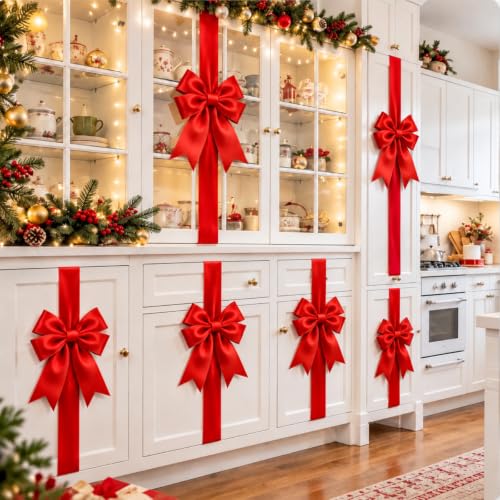 WILLBOND Red Satin Christmas Cabinet Bows - Set of 12 Holiday Kitchen Decor