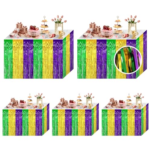 Ohiyoo Gold Green Purple Mardi Gras Fringe Table Skirt Set 5 Pack 29x108 Inch Party Decorations