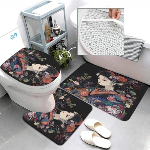 Japanese Geisha 4-Piece Bathroom Decor Set with Shower Curtain & Rugs