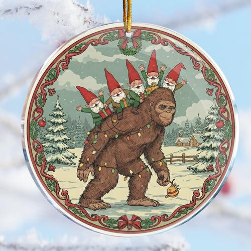 Bigfoot Gnome Christmas Ornaments Set - Funny Sasquatch Holiday Decorations - Acrylic Gnome Christmas Decor - ROCI
