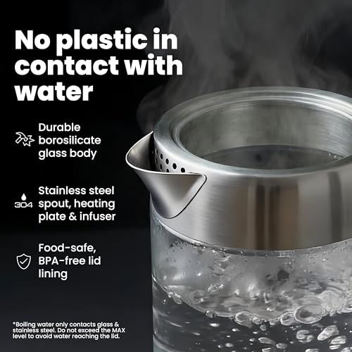1.5L Electric Tea Kettle with Infuser, Glass & Stainless Steel, No Plastic