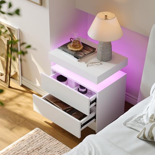 Modern White Nightstand with 2 Drawers and RGB LED Lights