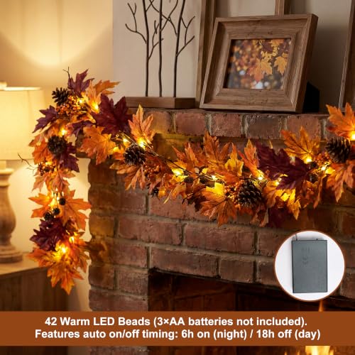Ghrdopy Style1 9Ft Fall Garland with 42 Lights & Timer - Autumn Decor