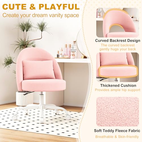 Teddy Fleece Vanity Chair with Lumbar Support, Adjustable Swivel Desk Chair