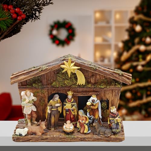 11-Piece Traditional Christmas Nativity Scene Set with Stable & Figures