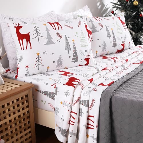 StarBedia Christmas Flannel Sheet Set King 100% Cotton Deep 16" Pocket Gray Deer