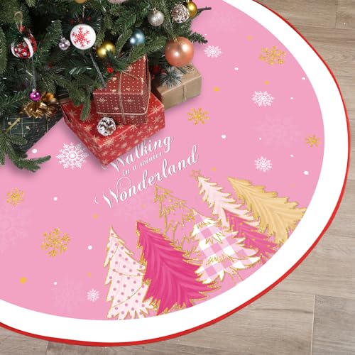 Pink Christmas Tree Skirt 48 Inch Double Layer Holiday Decor with Snowflake Pattern