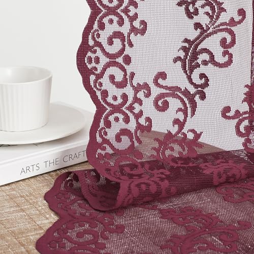 Burgundy Lace Curtains 84 Inches Long - 2 Panels Light Filtering Drapes