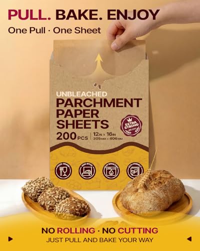 Unbleached Precut Parchment Paper Sheets 12x16 - Heavy Duty Non-Stick 200 Count