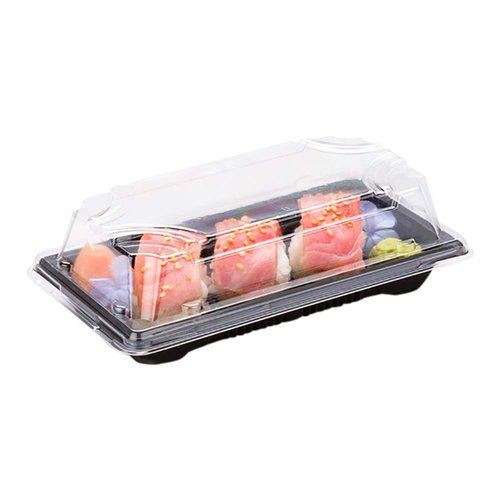 Restaurantware Roku 6.9 x 3.75 Inch Sushi Trays 100 Disposable Sushi Containers With Lids - Medium Rectangle Black Plastic To Go Containers For Appetizers Entrees or Desserts