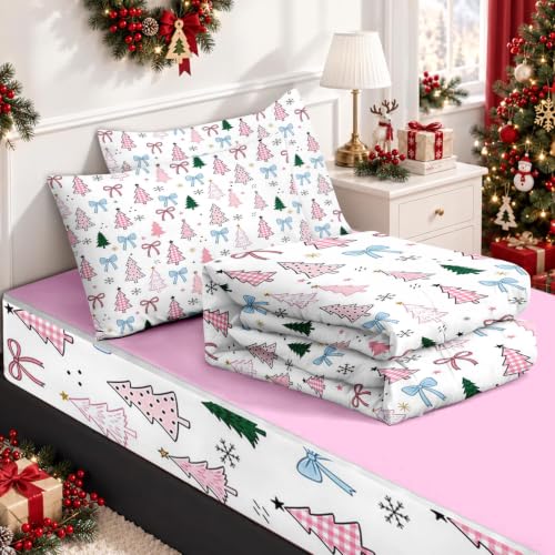 Pink Christmas Tree Twin Zipper Bedding Set - Kids All-in-One Bed Comforter & Sheets