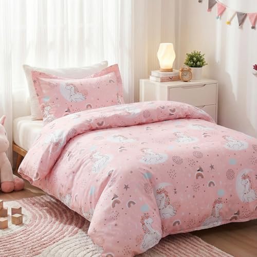 Unicorn Kids Duvet Cover Set - Twin Size 2-Piece Microfiber Bedding
