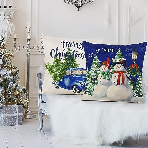 Blue Christmas Throw Pillow Covers Set of 4 20x20 Inches Holiday Cushion Decor