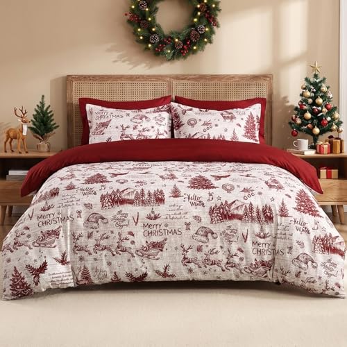 CAROMIO Christmas Duvet Cover Set King Red 104x90 - Soft Microfiber Bedding