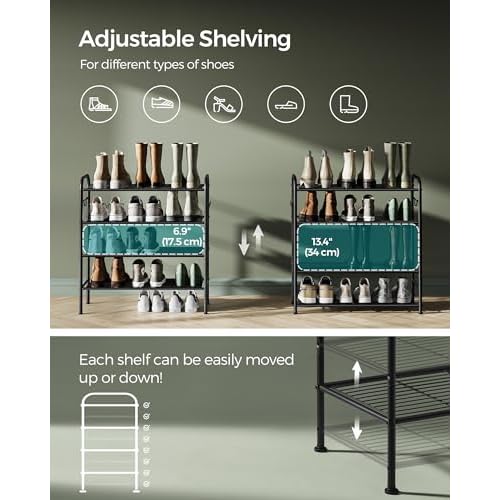 SONGMICS Shoe Rack, 4-Tier Shoe Organizer, Metal Shoe Shelf Storage with 4 Side Hooks, Holds 16 Pairs of Shoes, Height-Adjustable Shoe Rack for Entryway, Hallway, Closet, Easy Assembly, Ink Black