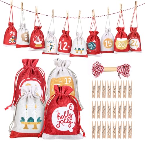 Christmas Advent Calendar Gift Bags Set - 24 Reusable Burlap Countdown Bags with Clips & Rope