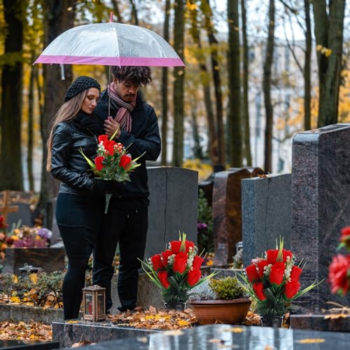 Tigeen 6-Set Red Cemetery Flowers for Grave with Vases and Spikes