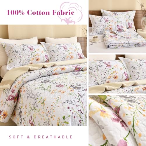 QSH 100% Cotton Oversized King Floral Quilt Bedspread Set, 3-Piece