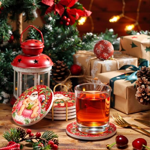 Dageusi Red Santa Coasters Set of 6 - Absorbent Ceramic? Actually Diatomite Stone Coasters with Holder – Naughty Santa Laugh Gift 4"
