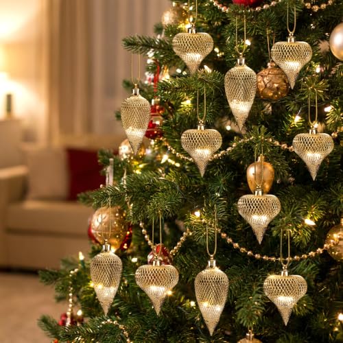 12 Pcs Golden Mesh Ball Christmas Ornaments – A Style, Hollow Hanging Decor 4x1.6in & 3x2in