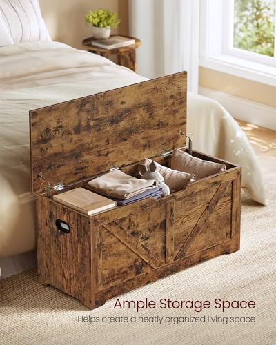Rustic Wood Storage Chest with Safety Hinges - Large Entryway Bench