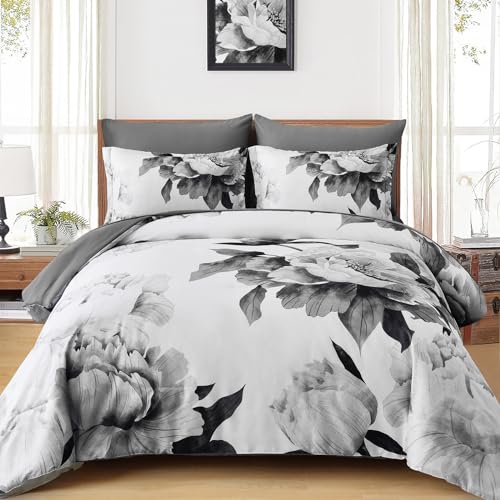 Grey Floral Queen Comforter Set - 7-Piece Soft Microfiber Bed in a Bag