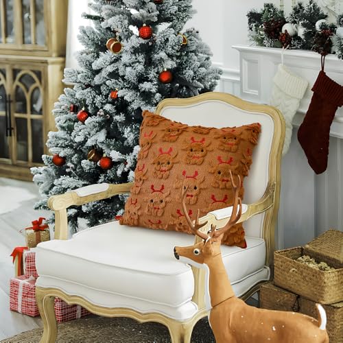 Brown Highland Cow Throw Pillow Cover Set of 2 18x18 with Elk Headband Christmas Decor