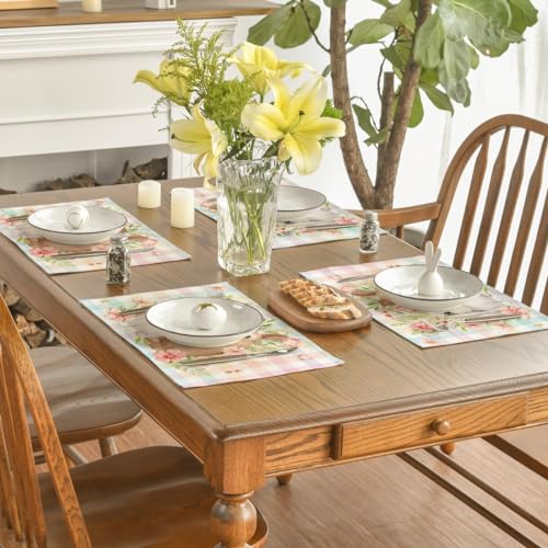 Artoid Mode Bunny Rabbit Flowers Floral Easter Placemat Set 4, 12x18 Inch Spring Table Mats, Pink/Blue
