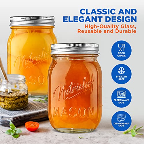 NutriChef 12-Pack 16 oz Mason Jars with Lids - Thick Glass Canning Jars with Stainless Steel Lids - Ideal for DIY Spices, Meal Prep, Overnight Oats, Jelly, Jam, Honey, Candles, Crafts, & More