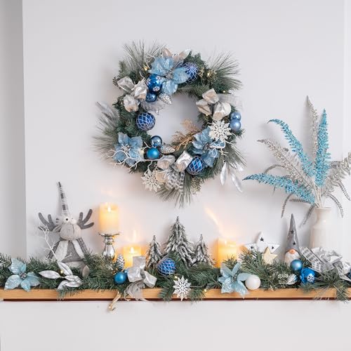 Valery Madelyn 30-Inch Christmas Wreath & 6Ft Garland Set with Lights - Blue & Silver Holiday Decor for Indoor & Outdoor