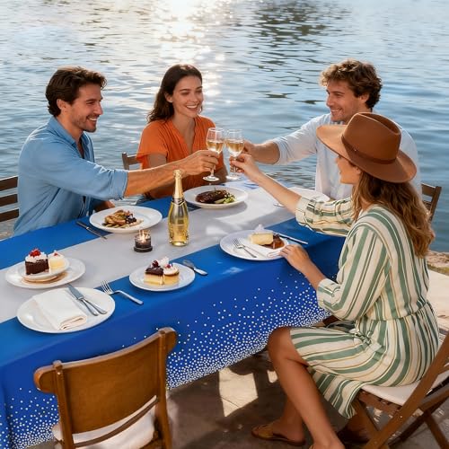 Ammbeetty Blue & Silver 6-Pack Disposable Table Cloths, 54 x 108 in Rectangular Party Cover