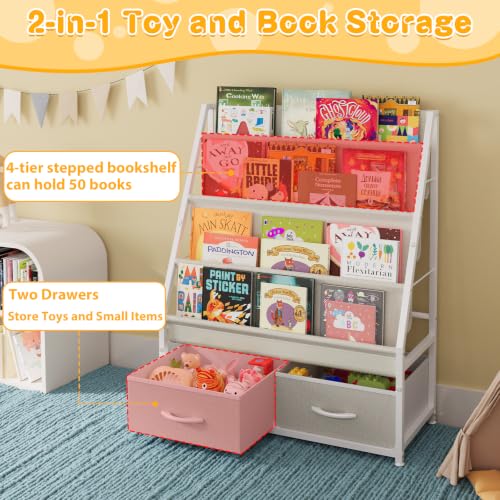 4-Tier Kids Bookshelf with Toy Storage Drawers and Canvas Pockets
