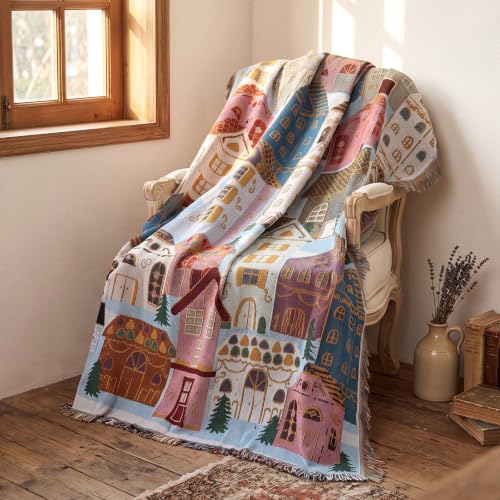 Christmas House Woven Throw Blanket 50x60 Inches with Holiday Village Design - CrystalSylara