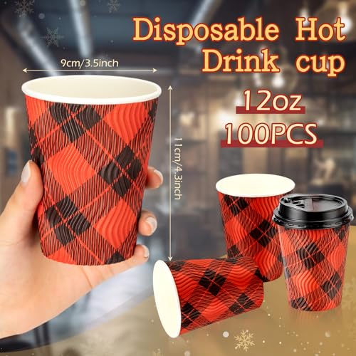 Maxcheck 100 Pack Christmas Cups with Lids 12 oz Red Black Buffalo Plaid Holiday