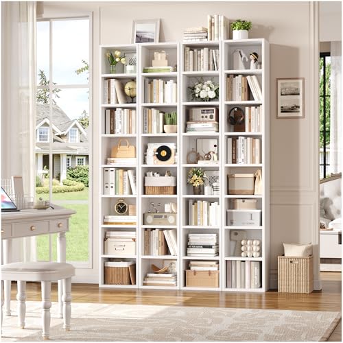 8-Tier Tall Narrow Bookshelf, White Slim Media Storage Tower with Adjustable Shelves