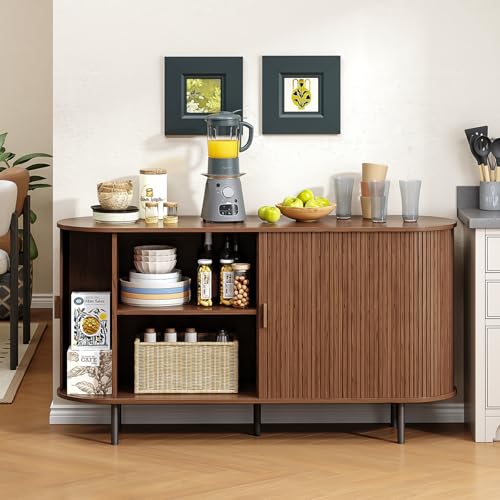 55" Fluted Buffet Sideboard with Sliding Door and Adjustable Shelf, Walnut