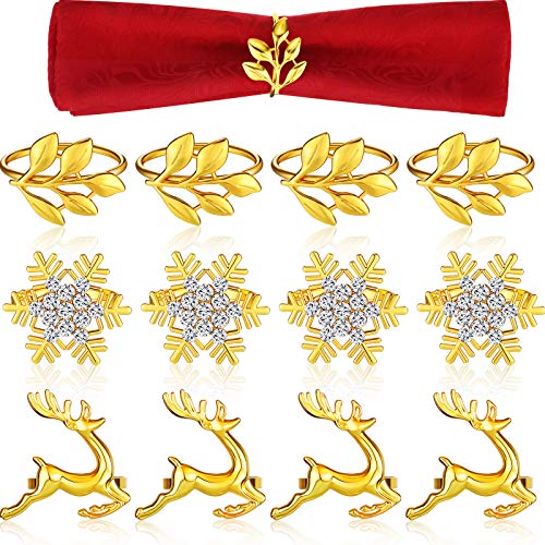 Patelai 12 Pcs Gold Christmas Napkin Rings Elk Leaf Snowflake Set