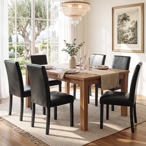 Set of 6 Black Modern Dining Chairs with PU Leather Upholstery & Solid Wood Legs